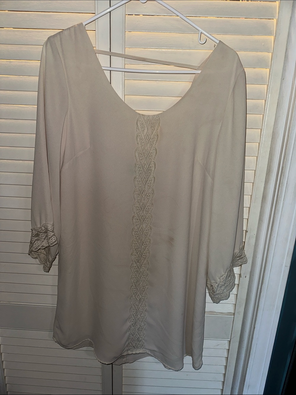 Astr Cream Lace-Trim Long Sleeve Scoop Dress